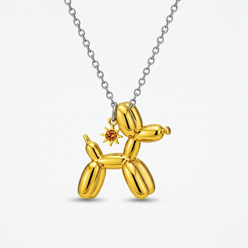 Custom Stainless Steel Balloon Dog Pendant Necklace with Zirconia Stone – Playful Gift for Women